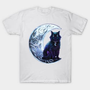 Celtic Black Cat on a Crescent Moon T-Shirt